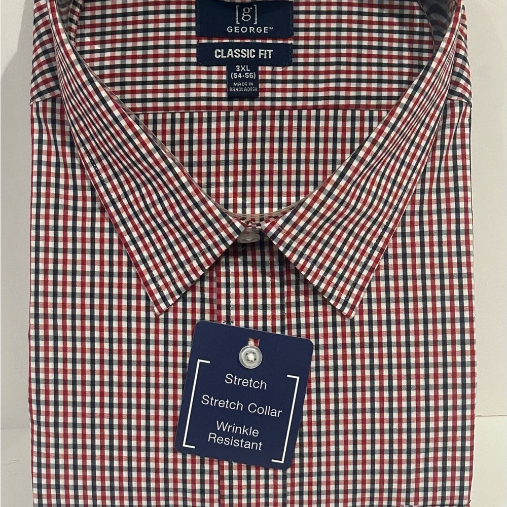 George Men's Red and White Checkered Button Down Shirt 3XL